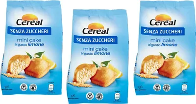 Produktbild von 3x Céréal Mini Cake al Gusto Limone Süßer Snack Mini-Zitronenkuchen Kuchen ohne Zucker 196g Beutel