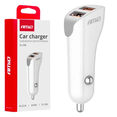 Produktbild von AMiO Doppeltes USB-A-Autoladegerät für Telefon, 2,1 A, 12/24 V, Weiß