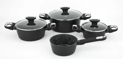 A set of four black pots and pans with glass lids and silver handles, arranged on a white background.