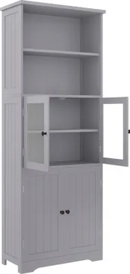 Zdjęcie produktu dla Wysoka szafka łazienkowa 57,4x28,5x160 cm, ze szklanymi i drewnianymi drzwiami, otwartymi przegrodami, regulowana, lakierowana, dużo miejsca do przechowywania - Szara
