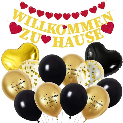 Productafbeelding van Welkomstbanner en ballonsset - Decoratie voor een warm welkom - Zwart en goud