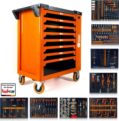Immagine prodotto di Carrello da officina 8 cassetti, 8 cassetti pieni, attrezzati, riempiti - inserti in EVA/schiuma arancione, ordinati logicamente, accesso con serratura, acciaio al cromo vanadio