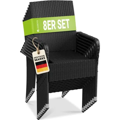 Produktbild von Juskys Polyrattan Gartenstühle Yoro 8er Set - mit Armlehnen & Rückenlehne - 8 Stühle stapelbar - Rattan Stuhl Garten - Stapelstuhl Schwarz