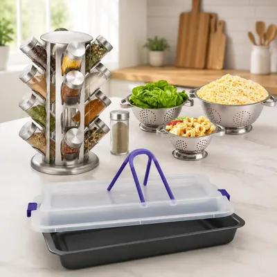 Immagine prodotto di Set da cucina in acciaio inossidabile (3 pezzi) – Portatorta, scolapasta e portaspezie