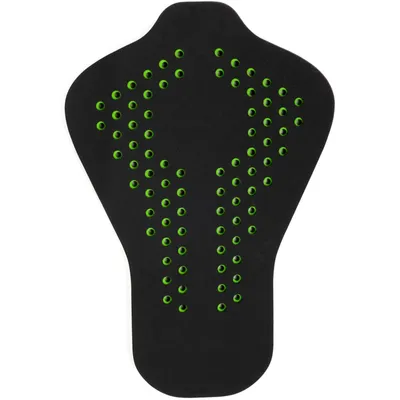 A black back protector with green perforations, shown from the front.