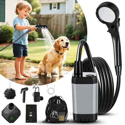 Produktbild von Peviasot Tragbare Campingdusche Akku mit Pumpe und Temperaturanzeige, Outdoor Set für Garten, Autowaschen, Strand mit 20L Falt-Eimer