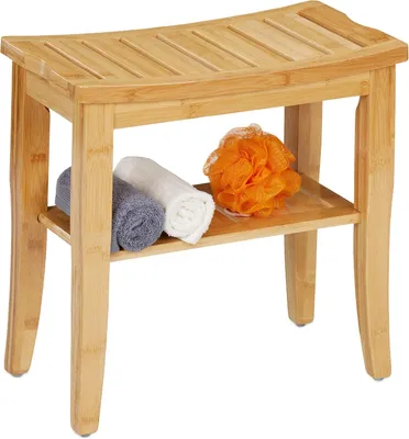Obrázok produktu pre Kúpeľňová stolička z bambusu - Kúpeľňový taburet - Maximálna nosnosť: 150 kg - Rozmery: 45,5 x 48 x 25 cm - Taburet do predsiene - Prírodný materiál