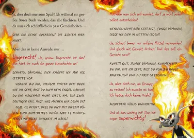 A spread from a book with text and illustrations, set against a fiery background.