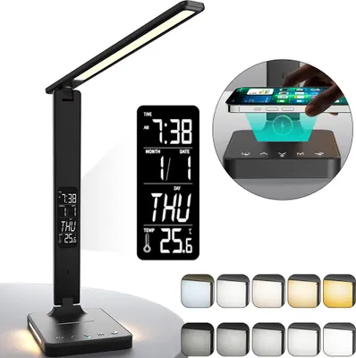 Produktbild von Czarna lampka biurkowa LED z ładowarką bezprzewodową, portem ładowania USB, ściemnianą lampką biurkową chroniącą oczy z lampką nocną, zegarem, cyfrowym budzikiem, temperaturą