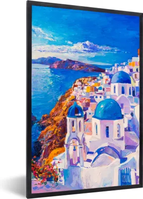 Produktbild von MuchoWow® Gerahmtes Poster Malerei - Griechenland - Wasser - Öl 60x90 cm - Poster mit Schwarzem Bilderrahmen Wandposter Rahmen Foto Bilder - Kunst