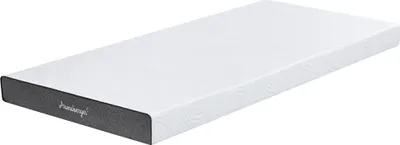A white mattress with a gray side band is shown on a white background.
