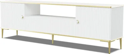 Image de Armoire TV PETRA 180 cm 2D1S BLANC MATTE avec pieds métalliques dorés Lowboard Tiroir Debout Armoire basse TV Loft Moderne TV Board Sideboard