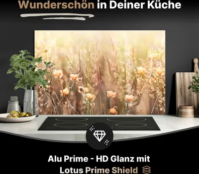 Produktbild von Spritzschutz Küchenrückwand aus Aluminiumverbund Glanz - 3mm - 100x60 cm - Blumenfeld mit Sonnenstrahlen