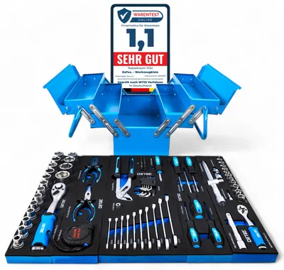 Produktbild von DeTec. Werkzeugkiste blue Edition | klassischer Metall-Werkzeugkasten gefüllt mit Werkzeug - 86tlg. Sortiment - blau