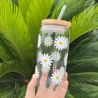 Glasbecher mit Bambusdeckel, 500 ml, Blumenmotiv