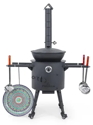 Produktbild von Utschak Feuerofen Ø 40 cm + Gusseisen-Kasan 12 L, runder Boden + Küchenzubehör, Usbekischer Kochtopf aus Gusseisen
