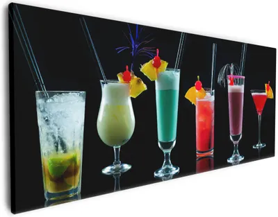 Produktbild von Wallario Premium Leinwandbild Bunte Cocktails vor schwarzem Hintergrund in Größe 80 x 200 cm