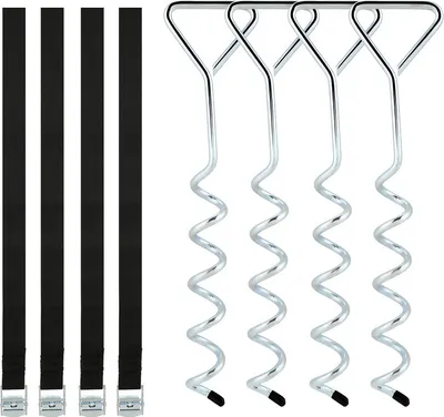 Image de TolleTour Ancrage de sol pour trampoline, 4 pièces, ancrage tempête à visser avec sangle réglable, ancrage/clou de terre galvanisé, pour balançoire, cabane de jardin etc., protection anti-basculement pour une fixation sûre dans le sol