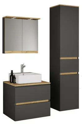 Immagine prodotto di Set da bagno composto da 4 pezzi: lavabo in Vetroceramica, mobiletto con 2 cassetti a chiusura ammortizzata, colonna, mobiletto con specchio, illuminazione e presa, dimensioni del mobiletto: H. 51 x L. 60 x P. 51 cm, Cosila-A