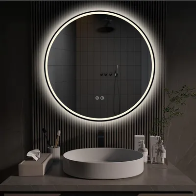 LED-Badspiegel rund 60 cm, schwarz, Anti-Beschlag, Touchschalter