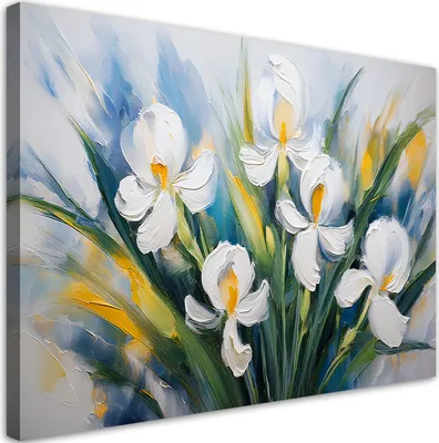 Produktbild von Leinwandbild Gemalt Weiß Iris Blumen 100x70 Feeby Weiß bild für die wand bereit zum aufhängen