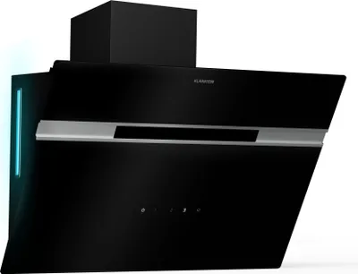A black kitchen range hood with a silver accent strip and a black chimney extension, set against a white background.