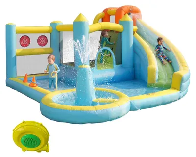 Obrázek produktu pro Dětský nafukovací vodní park Zimilo se skluzavkou, bazénem a fontánou, nafukovací hrací hrad s trampolínou a házenou, včetně kompresoru, 430 x 390 x 210 cm