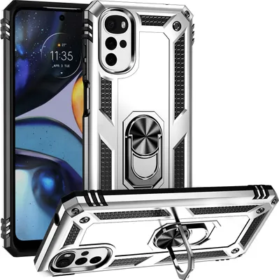 Produktbild von Moto G22 Hülle, Dual Layer Robust Militäre Schutzhülle mit Ringhalterung Ständer für Motorola Moto G22 Silber