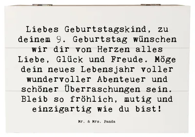 Produktbild von Mr. & Mrs. Panda Box Spruch 9. Geburtstag Glück 22 x 15 cm - Weiß - Geschenk, Alter, Geburtstagsgeschenk, Truhe, Glückwunsch, Schatzkiste, besondere Anlässe, Kiste, mutig