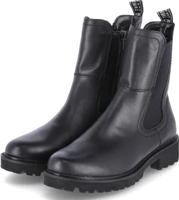 A pair of black leather Chelsea boots are shown against a white background.