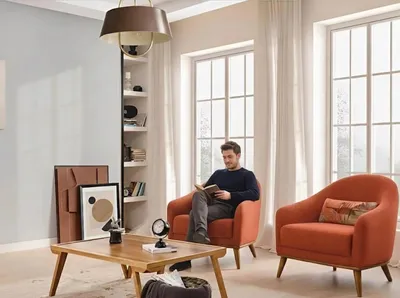 Zdjęcie produktu dla Zestaw do salonu w nowoczesnym stylu, w kolorze pomarańczowym, z drewnianą ramą, o eleganckim wyglądzie