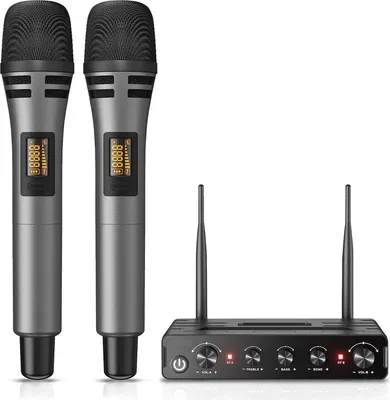 Obrázek produktu pro Bezdrátová mikrofonová sada – 2 ruční mikrofony pro karaoke a vystoupení, využívající technologii UHF