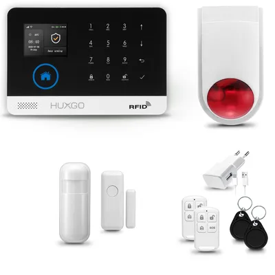 Image de Système d'alarme HUXGO HXA003 pour la maison, avec connexion WiFi et GSM 4G, incluant une sirène sans fil, un détecteur de mouvement et un détecteur d'ouverture de porte/fenêtre. Idéal pour les appartements et les garages
