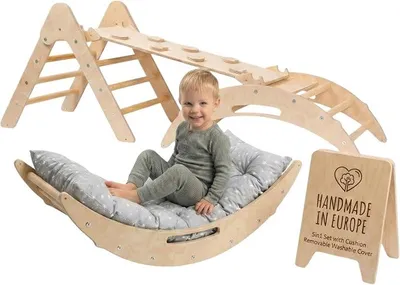 Produktbild von '- Handmade 5in1 Montessori Kletterset: Kletterdreieck, Kletterbogen mit Kissen & 2in1: Rutsche Indoor/Klettern Rampe | Holz Klettergerüst Indoor Spielgeräte & Spielplatz