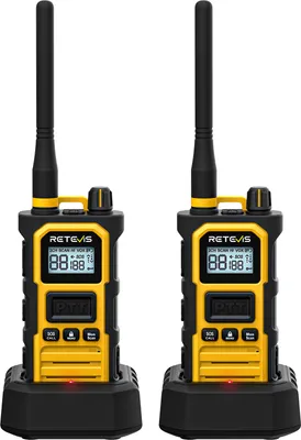Two black and yellow Retevis walkie-talkies are shown in their charging docks against a white background.