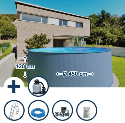 Produktbild von Stahlwandpool Set (7-teilig) hoch rund 450 x 120 cm, Stahl 0,4 mm anthrazit Folie 0,4 mm blau