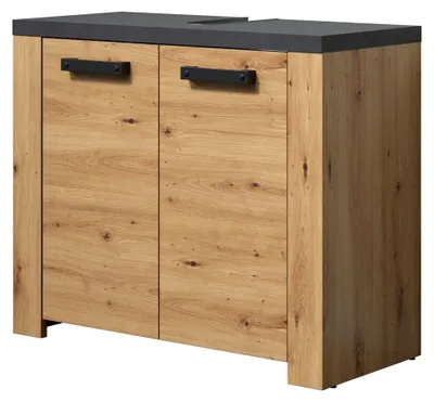 Produktbild von Waschbeckenunterschrank - Artisan Eiche/Matera - Waschtisch mit 2 Türen und 1 Einlegeboden - (BxHxT) 79 x 67 x 35 cm - moderne schwarze Griffe - kratzfest