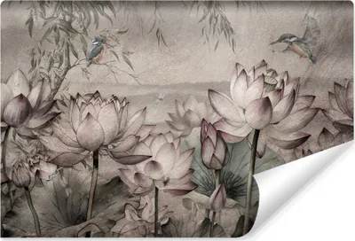 Produktbild von Muralo Selbstklebende Fototapete LOTUSBLUMEN Blätter Vögel Libellen Beton Vintage Br. 312cm x Hö. 219cm