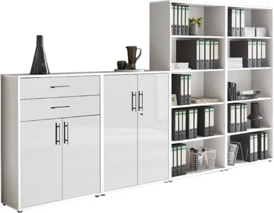 Produktbild von Aktenschrank TABOR 21 in weiß / weiß Hochglanz, Schrankwand, Büroschrank, abschließbar, Metallgriffe