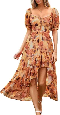 Productafbeelding van Zomerjurk voor dames met bloemenprint, vierkante hals, pofmouwen en gesmokte taille, A-lijn model