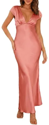 Produktbild von Halfisland Damen-Sommer-Maxikleid aus Satin, V-Ausschnitt, Flügelärmel, rückenfr