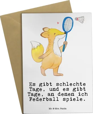 Produktbild von Mr. & Mrs. Panda Grußkarte Fuchs Federball spielen - Weiß - Geschenk, weihnachtskarten, osterkarten, Grußkarten, Klappkarte, Badminton, hochzeitskarten, einladungskarten