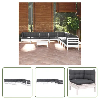 Produktbild von The Living Store 10-tlg. Garten-Lounge-Set mit Kissen Weiß Kiefer Massivholz