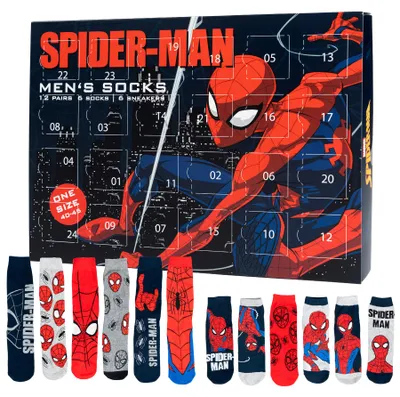 Produktbild von Marvel Spiderman Adventskalender mit 12 Paar Socken Größe 40-45 für Herren Weihnachtskalender mit Sneakers und langen Socken