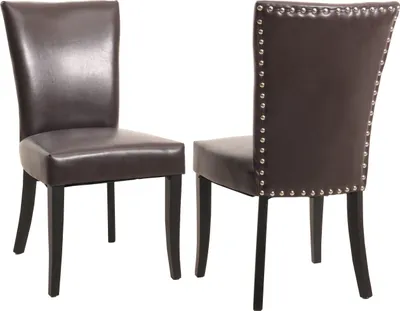 Zdjęcie produktu dla zestaw 2 krzeseł do jadalni Chesterfield, krzesło kuchenne, nity z certyfikatem   ~ imitacja skóry , brązowe, ciemne nogi