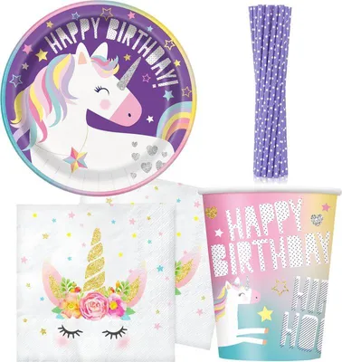 Produktbild von 72 tlg. Partyset lila Einhorn Kindergeburtstag Dekoration Mottoparty für 16 Kinder