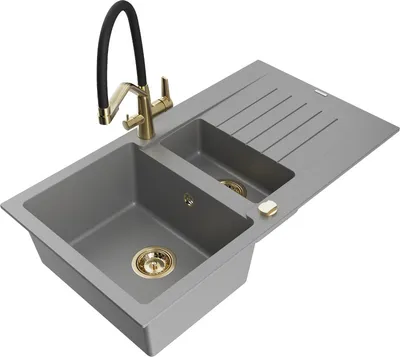Produktbild von Mexen Matias 1,5-Becken-Granitspüle mit Abtropffläche und Mischbatterie Duo, Grau - 6502-71-671701-57-G