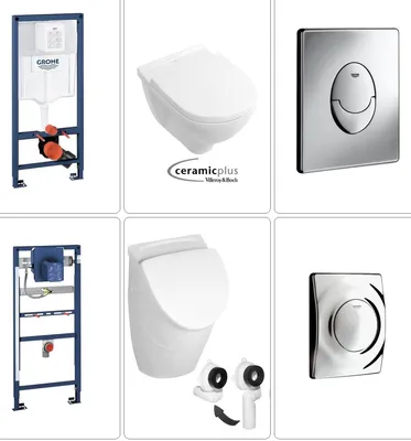 Produktbild von VILLEROY & BOCH O.NOVO Wand WC spülrandlos + SoftClose TakeOff WC-Sitz & Absaug Urinal + Deckel mit CeramicPlus, GROHE Vorwandgestell & Betätigungsplatte in chrom