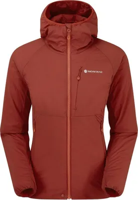 Rote Fireball Jacket von Montane; ideal als Midlayer für Damen; mit Kapuze und Reißverschluss.