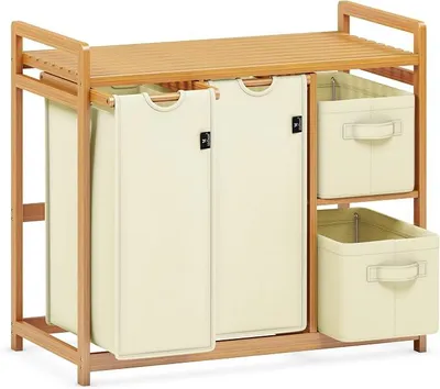 Obrázek produktu pro Koš na prádlo AdelDream, objem 140 litrů, 4 přihrádky, včetně úložného prostoru, bambus. Třídič prádla se 2 pytli o objemu 50 litrů a 2 boxy o objemu 20 litrů, odnímatelné, barva béžová